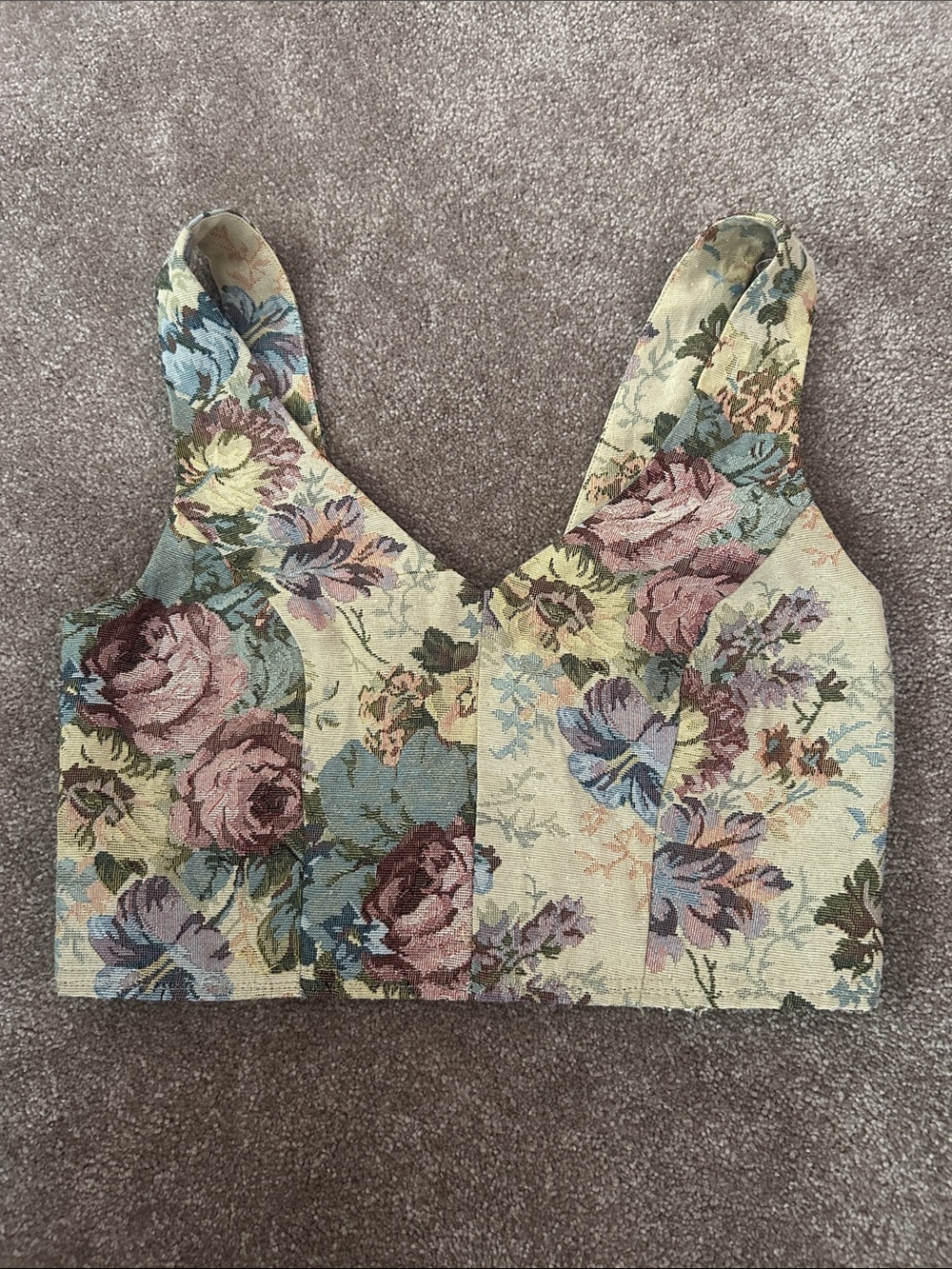 Floral Tapestry Crop Top - Cream with Multicolor Roses